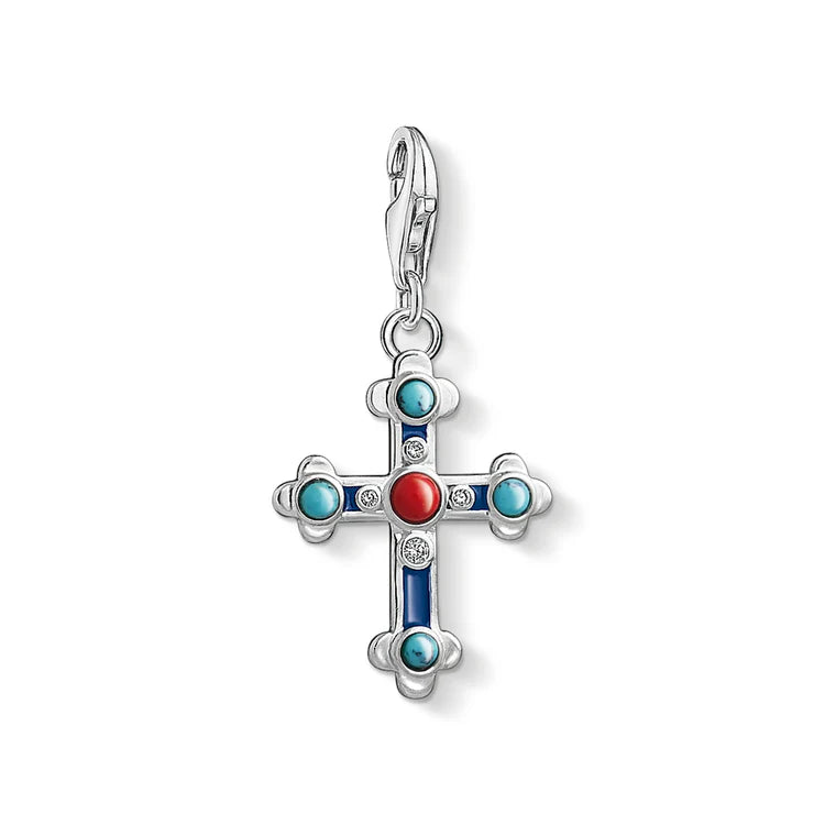 Thomas Sabo Sterling Silver Cubic Zirconia Imitation Turquoise & Coral Ethnic Cross Charm 1466-335-7