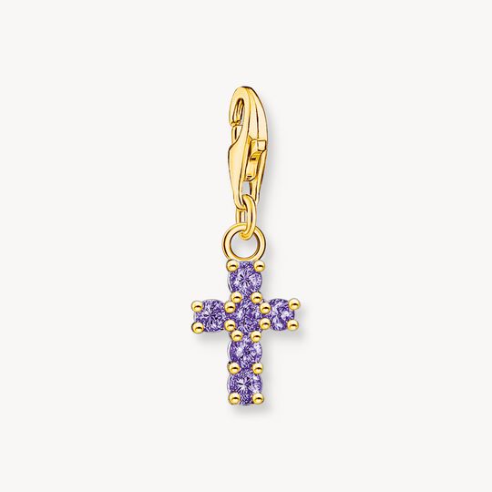 Thomas Sabo Sterling Silver 18K Yellow-Gold Plated Cross with Amethyst-Coloured Stones Charm 2036-414-13