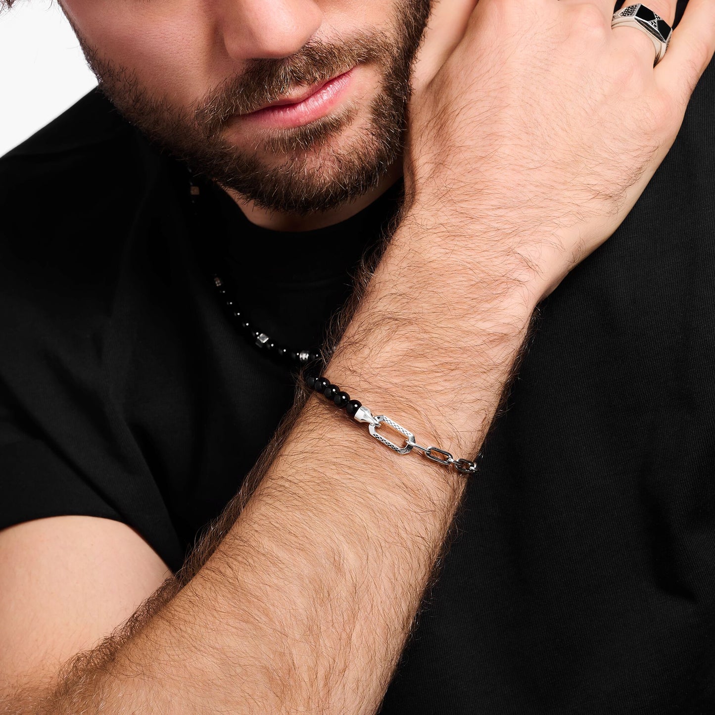 Thomas Sabo Bracelet With Black Onyx Beads And Chain Links Silver A2088-507-11-L19