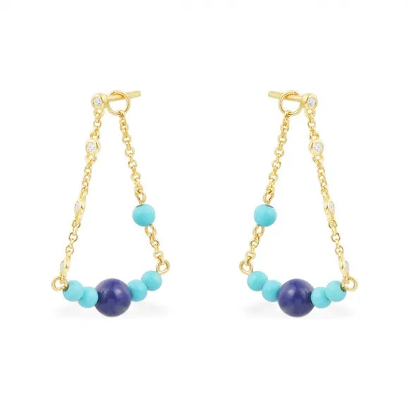 APM Monaco Silver Blue Stone Chain Drop Earrings - Yellow Gold Plated AE13197MY