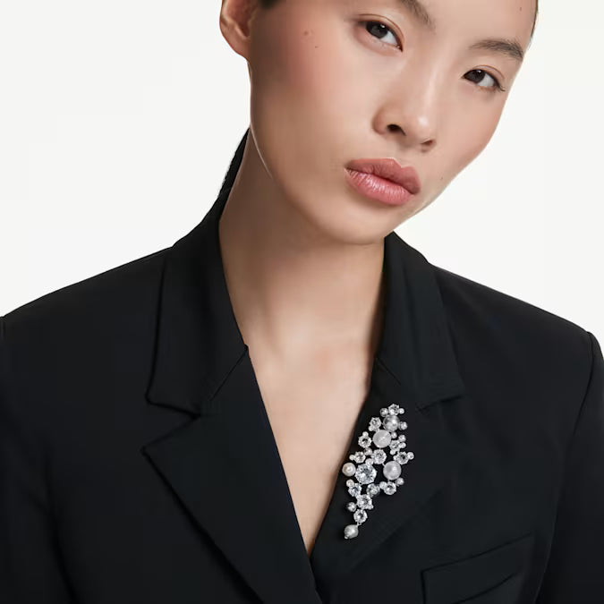 Swarovski Constella Brooch Crystal Pearl, Round Cut, White, Rhodium Plated 5722516