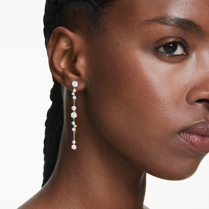 Swarovski Constella Drop Earrings Crystal Pearl, Round Cuts, White, Rhodium Plated 5705614
