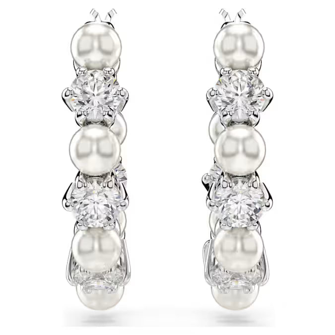 Swarovski Matrix hoop earrings Crystal pearl, Round cut, White, Rhodium plated 5709256