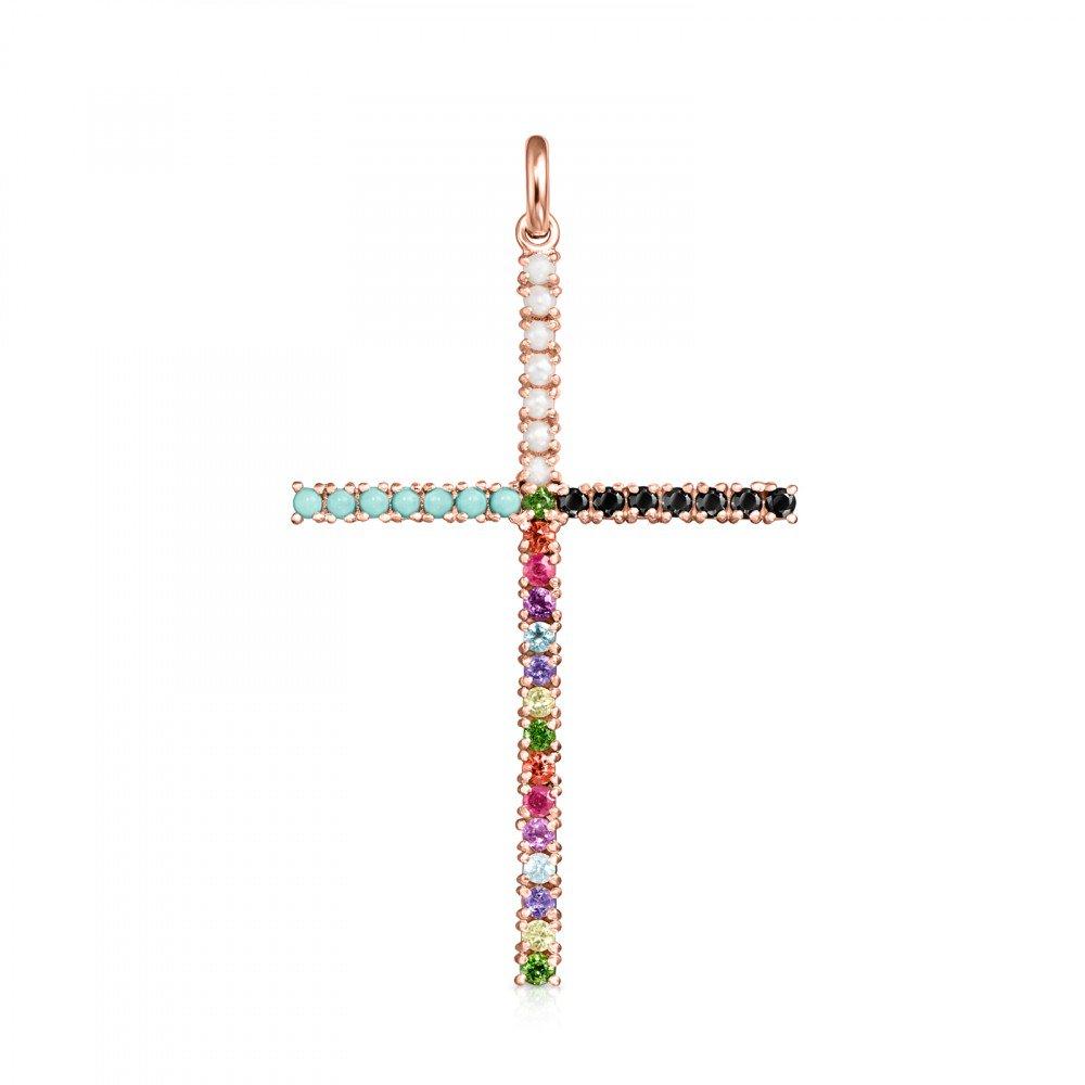 Tous Rose Gold Vermeil Straight cross Pendant with Gemstones 912724510