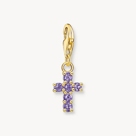 Thomas Sabo Sterling Silver 18K Yellow-Gold Plated Cross with Amethyst-Coloured Stones  Charm 2036-414-13