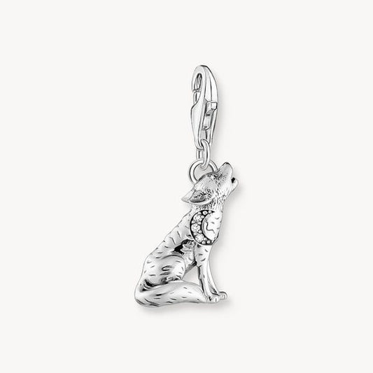 Thomas Sabo Sterling Silver Blackened Charm Pendant Three-Dimensional Wolf White Zirconia 2054-643-21