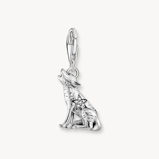 Thomas Sabo Sterling Silver Blackened Charm Pendant Three-Dimensional Wolf White Zirconia 2054-643-21