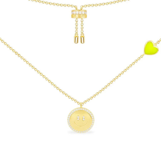 APM Adjustable Neon Yellow Heart & Happy Face Necklace Silver Gold-Plated AC5853XFYY