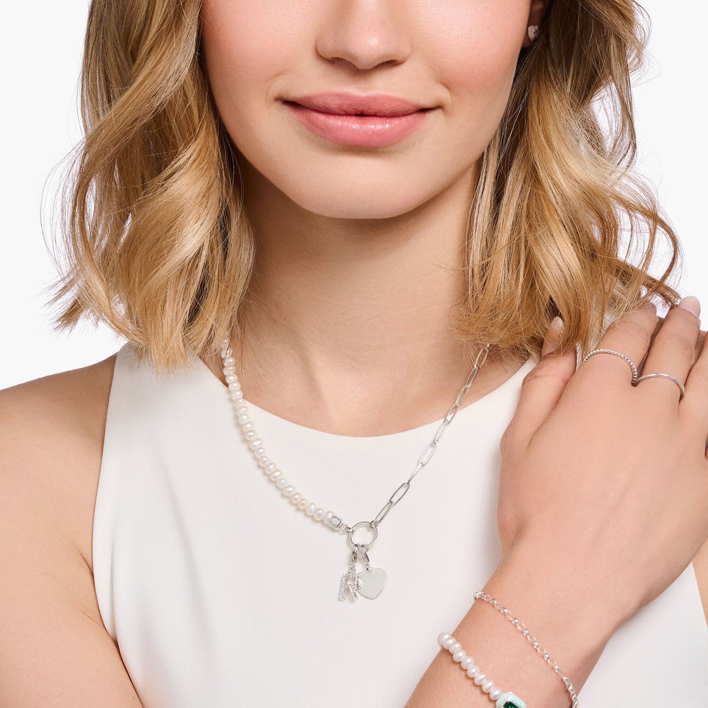 Thomas Sabo Member Charm Necklace With White Pearls And Charmista Coin Silver KE2189-158-14-L45