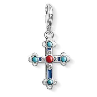 Thomas Sabo Sterling Silver Cubic Zirconia Imitation Turquoise & Coral Ethnic Cross Charm 1466-335-7