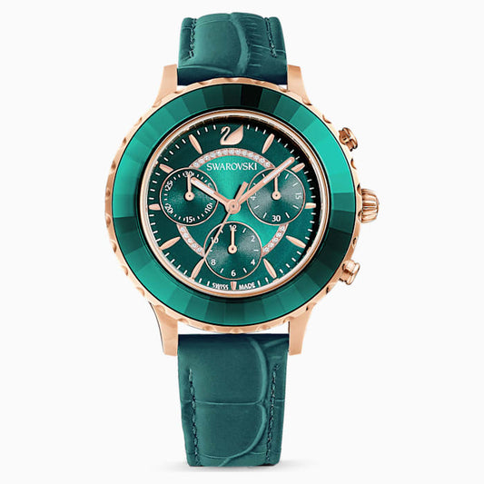 Swarovski Octea Lux Chrono Watch, Leather Strap, Green, Rose-gold tone PVD 5452498